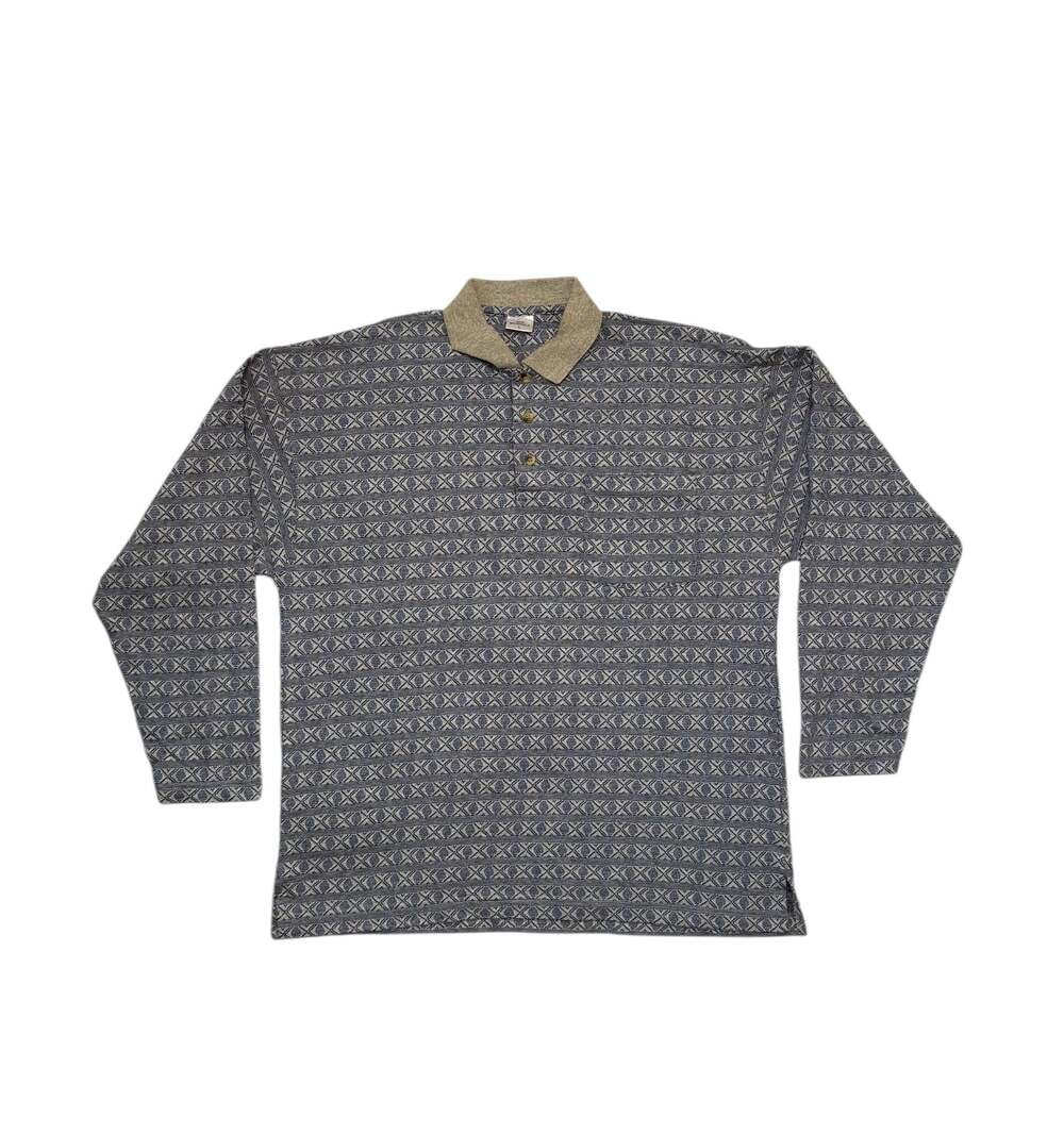 Vintage 90s Baumwolle Geometric Pattern Jacquard Knit Long Sleeve Polo Shirt